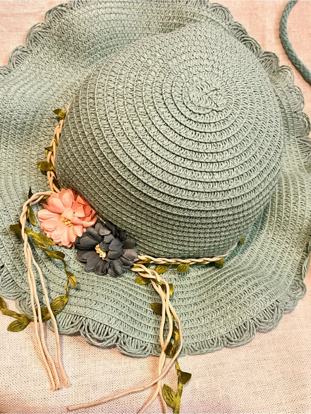 Girls Mint Floral Straw Sun Hat and Matching Crossbody Bag